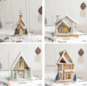 Detailed dimensions for snowy Christmas wooden houses with LED glowing effect.
