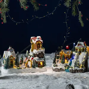 Glowing Rotating Christmas Music Box LED Ski Resort Village Alpine Cable Car Scene Christmas Tabletop Ornament Gift