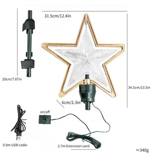 Detaillierte Maße der LED-Weihnachtsbaumspitze inklusive USB-Kabel und Verlängerung