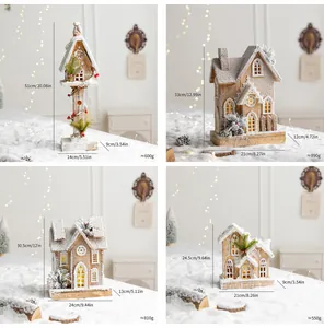 Detailed dimensions of four Nordic luminous snow-covered Christmas wooden houses