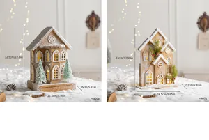 Detailed view of illuminated wooden Christmas house ornaments showing exact dimensions
