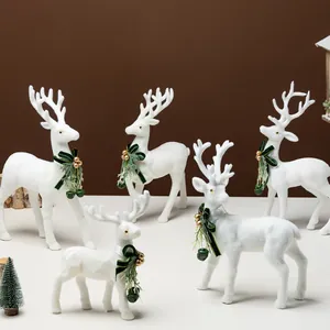 Ornamento Renna Fioccata Bianca di Natale Con Fiocco e Campana Decorazione Statuetta di Alce in Plastica per Decorazioni Natalizie Casa