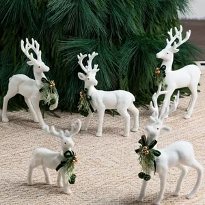 Set di 5 statuette di renne floccate bianche con fiocchi festivi per decorazioni natalizie
