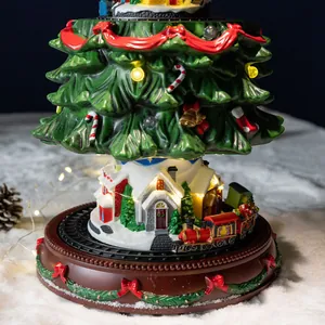 Geanimeerde kerstboom muziekdoos met draaiende trein, LED-verlichting en dorpsscène