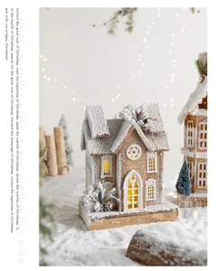 Exquisite detail of a Nordic wooden Christmas house with LED lights and snow finish