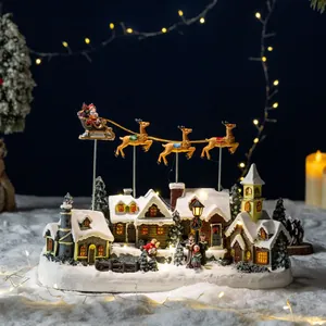 Christmas Village House Decor LED Light Up Music Box Resin Flying Reindeer Sleigh Rotating Christmas Scene Ornament Home Gift