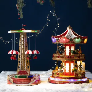 Kerst Draaimolen Muziekdoos LED Verlichting Roterende Pretpark Zweefmolen Hars Ornament Feestelijk Vakantie Cadeau Decoratie