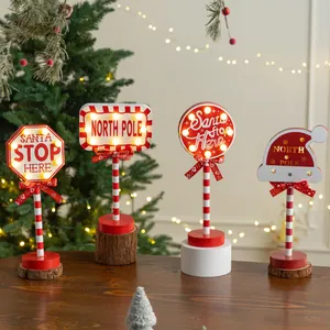 Christmas Wooden LED Road Sign Ornament Santa Stop Here North Pole Light Up Indicator Tabletop Holiday Home Decor