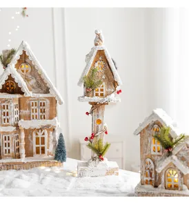 Rustic Nordic wooden Christmas houses with warm LED lights and artificial snow details.
