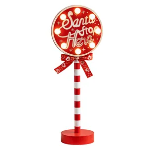 Christmas 'Santa Stop Here' wooden road sign LED lamp ornament for holiday table decor
