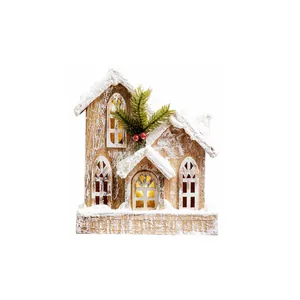 Nordic wooden Christmas house ornament with snow roof and internal LED warm glow