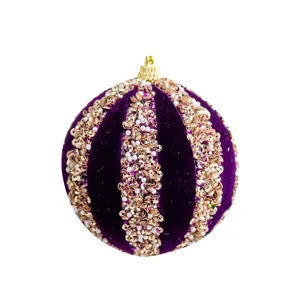 8cm paarse fluwelen kerstbal met gouden lovertjes voor kerstboomdecoratie