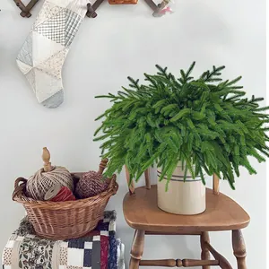 Détail de branches de pin de Norfolk artificielles dans un vase rustique chic.
