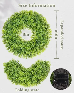 Detailed dimension guide for the foldable artificial boxwood wreath in expanded and folded states