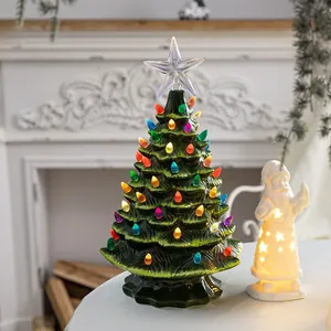 Árbol de Navidad de Cerámica Luminosa LED Adorno de Mesa Papá Noel Decoración Navideña Esmaltada Vintage Fiesta Regalo