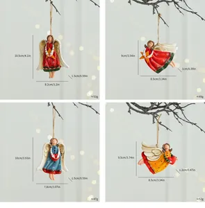 Detailed dimensions of four vintage painted resin angel Christmas tree ornaments.