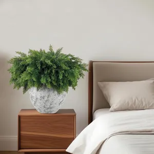 Dettaglio di pino di Norfolk artificiale in vaso su un comodino in camera da letto.