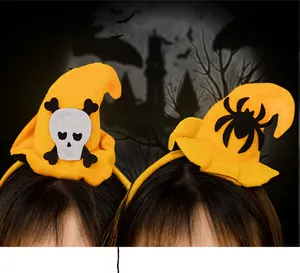 Decorative Halloween witch hat headbands featuring spooky spider and skull designs for party.