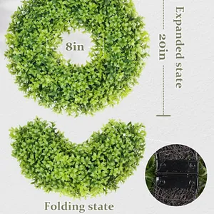 Artificial boxwood folding wreath showing 20 inch expanded and 8 inch inner diameter