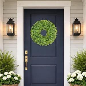 Lush artificial green boxwood wreath for front door home decoration in spring and summer