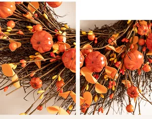 Detailed view of handmade harvest wreath featuring small pumpkins and autumn berries