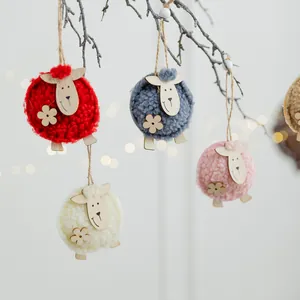 Adornos de oveja de fieltro de lana y madera para decoración de árboles de Navidad
