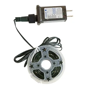 Close-up view of dark green LED string light on a star reel with an IR power adapter