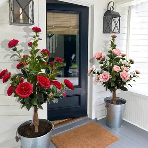 Árbol de Camelia Artificial Planta de Flor de Seda Estaca para Tierra para Decoración de Hogar Jardín Interior Exterior Camelia de Hoja Perenne Decoración en Maceta