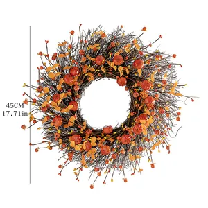 Detailed size view of the 45cm harvest autumn wreath with pumpkins and berries