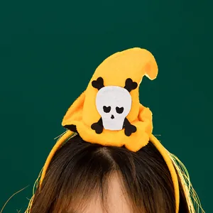 Spooky Halloween witch hat headband with white skull and crossbones design for parties