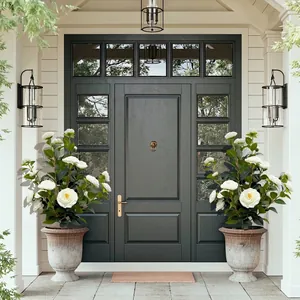 Plantas de camelia blanca artificial en macetas vintage para decorar la puerta