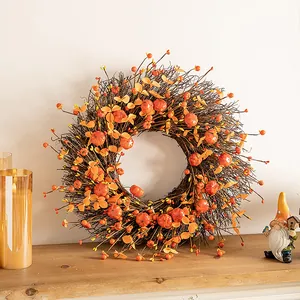 Handmade Artificial Harvest Fall Wreath With Mini Pumpkins Yellow Berries Autumn Thanksgiving Halloween Front Door Wall Decor