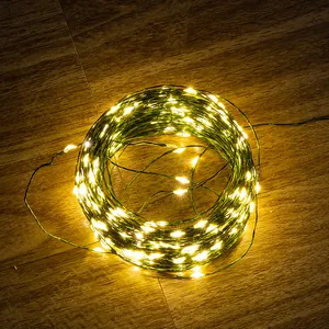 Warm white LED fairy lights on green copper wire coil for Christmas tree decoration