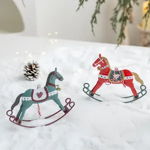 Vintage iron rocking horse Christmas ornaments in red and teal for holiday decor