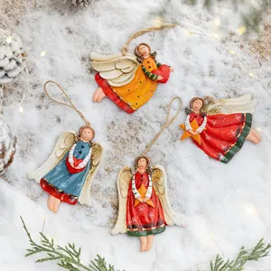 Vintage Painted Resin Angel Girl Christmas Tree Hanging Ornaments Retro Distressed Angel Wings Heart Star Figurines Decor