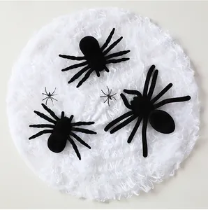 Realistic black plush Halloween spiders on white web for scary haunted house decoration