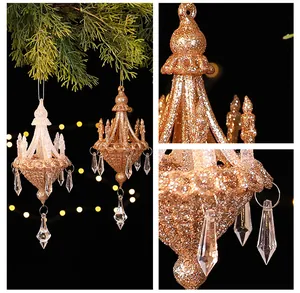 Macro detail of glittery chandelier Christmas tree ornaments with faceted crystal pendants