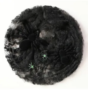 Detailed macro view of Halloween decoration set with black plush spiders and mesh web