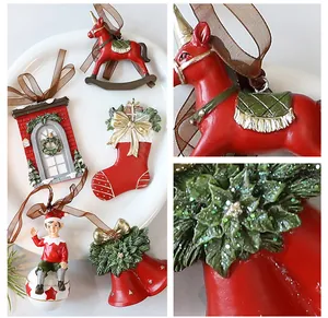 Detailed macro shots of vintage resin Christmas ornaments with red and green glitter