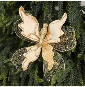 Detailed view of champagne gold butterfly ornament with sequins and glitter for Christmas tree