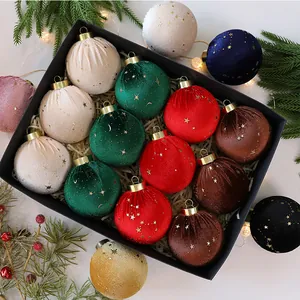 Elegante juego de bolas de Navidad de terciopelo de 8 cm con estrellas doradas en caja de regalo