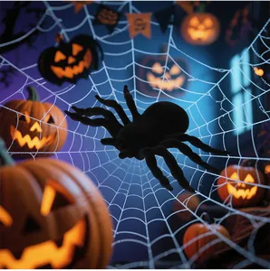 Realistic giant black plush spider prop on a web for creepy Halloween outdoor decor