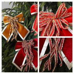 Close-up macro view of luxury velvet Christmas bows with glittery silver trim details