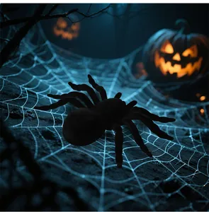 Close-up detail of a large black fuzzy spider prop on a web for Halloween outdoor decor