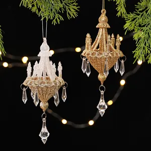Luxury Chandelier Shape Christmas Tree Hanging Ornament Acrylic Gold Glitter Crystal Pendant For Holiday Party Home Decor