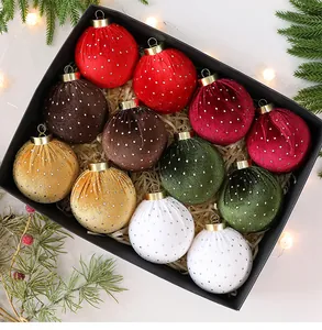 Elegante juego de bolas de Navidad de terciopelo con lunares en caja de regalo para árbol