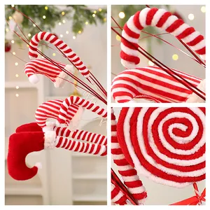 Festive red and white striped Christmas tree picks with elf legs and candy canes.