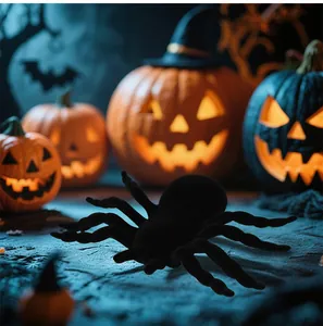 Detailed view of a black plush Halloween spider prop in a spooky pumpkin setting