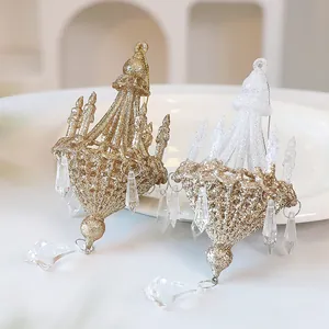 Glittery gold and white chandelier Christmas tree ornaments with crystal pendants