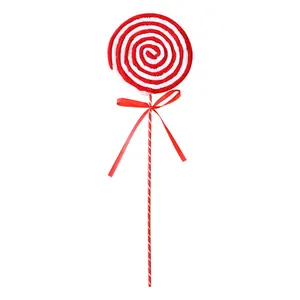 Decorative red and white spiral knit Christmas lollipop ornament with a festive ribbon bow
